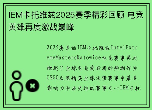 IEM卡托维兹2025赛季精彩回顾 电竞英雄再度激战巅峰