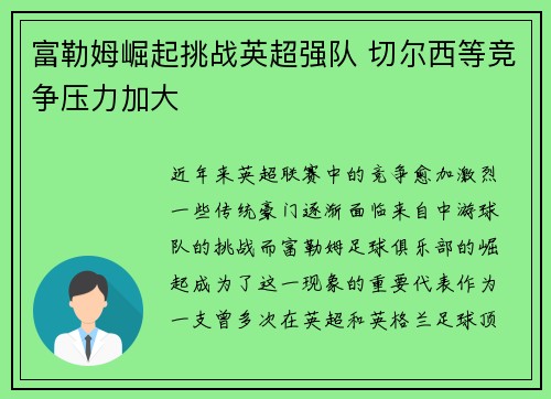 富勒姆崛起挑战英超强队 切尔西等竞争压力加大
